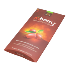 Load image into Gallery viewer, mberry Miracle Berry Tablets. Maroon with 3 miracle fruit on the front with yellow orange background. Logo has a red m and two green leaves above, followed by white letters that spell out berry.  The packaging is laying at a tilt, as if laying on a table